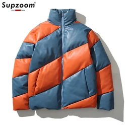 Supzoom New Arrival Top Fashion Spiral Color Matching Imitation Leather Warm Design Bread Patchwork Winter Casual Jacket Men