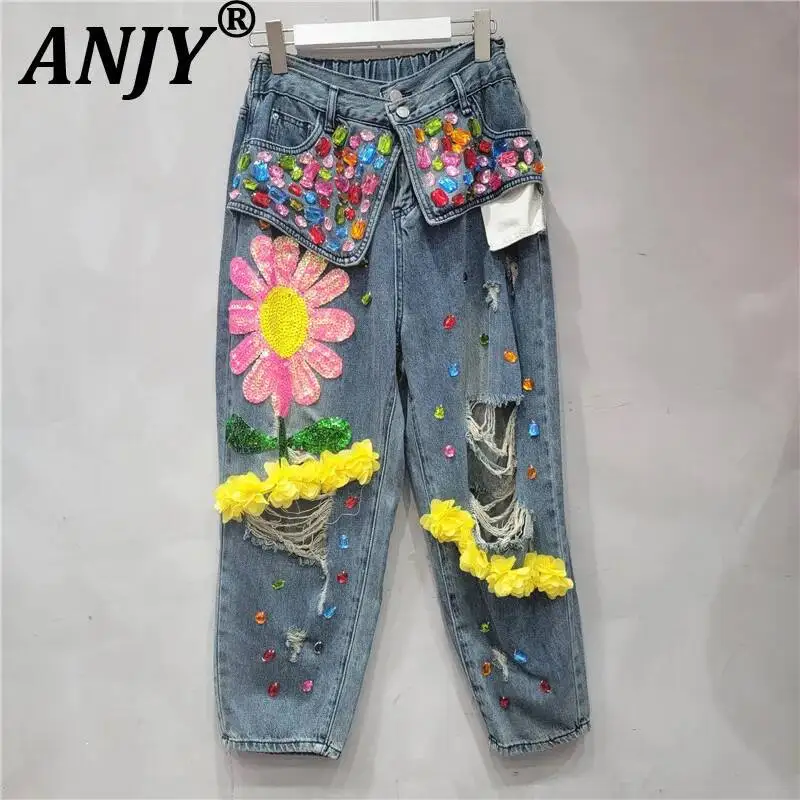 ANJY Spring Autumn New Women European Style Heavy Embroidered Flares Ripped Jeans Ins Vintage Sequined Washed Denim Pants A24686