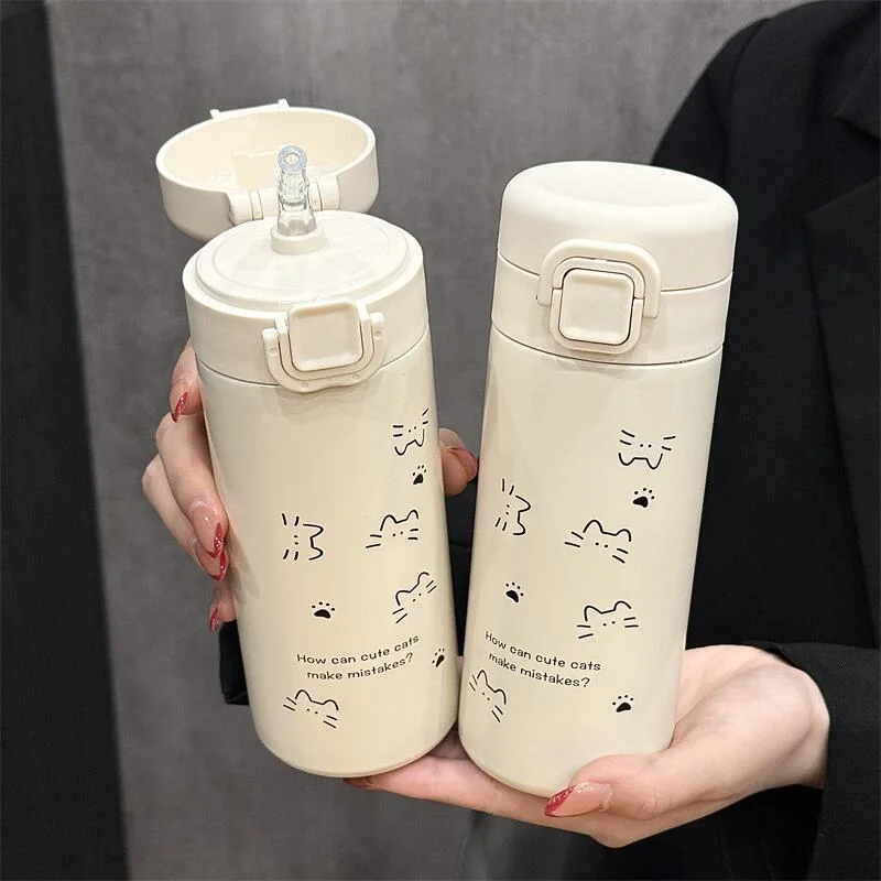 Simple Cute Cat Thermos Water Bottle with Straw Portable Stainless Steel Thermal Cup For Girl Kids Students Leak-proof Drinkware view 2