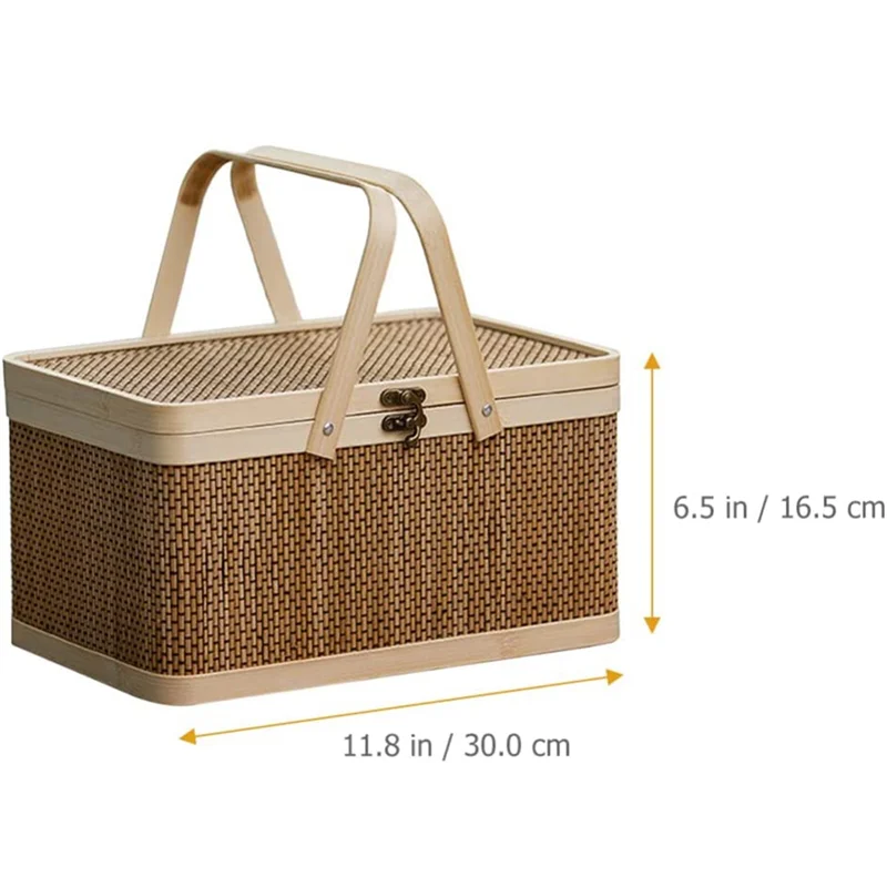 Bamboo Basket Natural -Friendly Woven Basket Bamboo Picnic Basket with Lid Handheld Snacks Bread Storage Basket