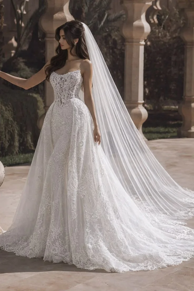 

Luxurious White Mermaid Lace Decal Women's Wedding Dress Sexy High Waisted Off Shoulder Detachable Ball Bridal Gown Customized