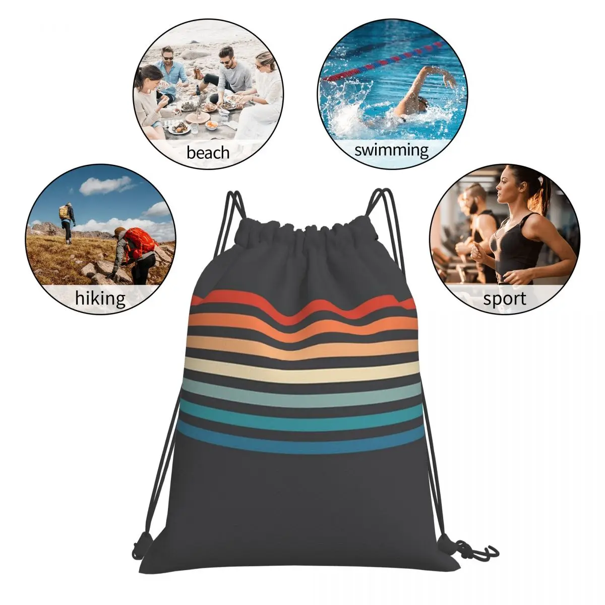 70s Vintage Retro Stripes Backpacks Portable Drawstring Bags Drawstring Bundle Pocket Sports Bag BookBag For Travel Students