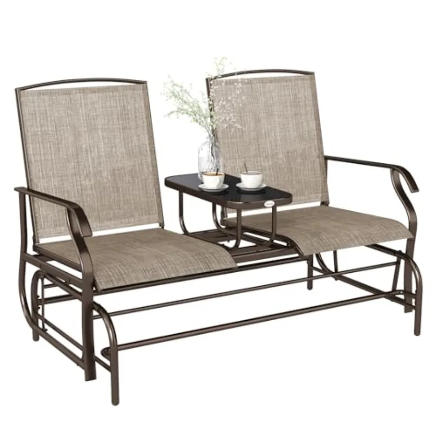 

Outdoor Glider Bench with Center Table Metal Frame Patio Loveseat with Breathable Mesh Fabric and Armrests for Backyard Garden