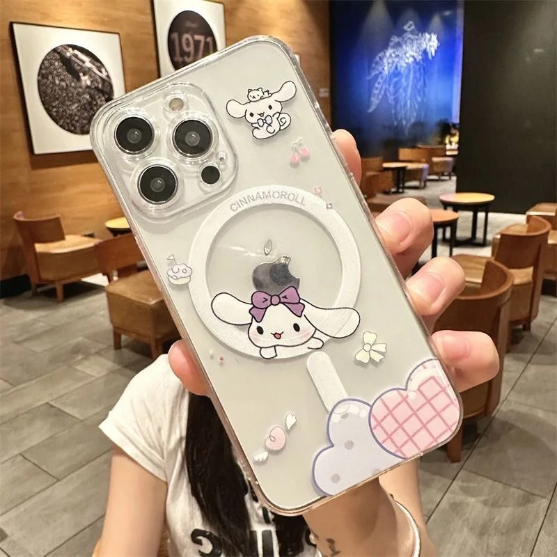 Sanrios Bow Cute Cinnamoroll Magsafe Magnetic Phone Case for IPhone 16 15 14 13 12 11 8 7 Plus Pro Max X XR XSMax Clear Cover