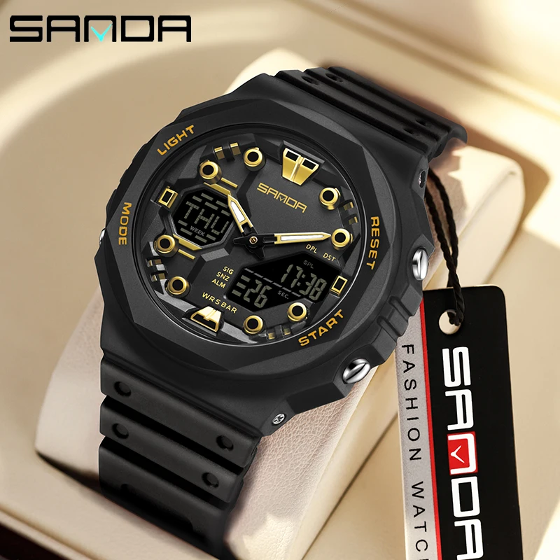 SANDA Dual Display Electronic Watch Multi Functional LED Nightlight Alarm Clock Waterproof Watch Male Female Student Sport Watch