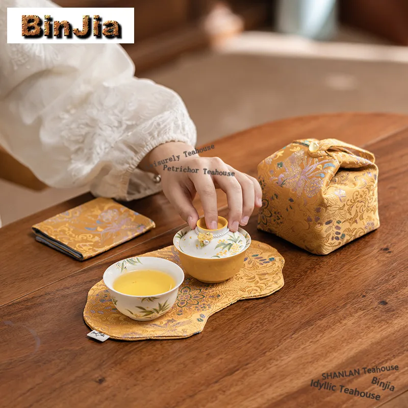 

Dot Gold Osmanthus Travel Tea Set Kit Luxury 1 Pot 3 Cups Household Tea Brewing Organizer Portable Camping Tote Bag Craft Gifts