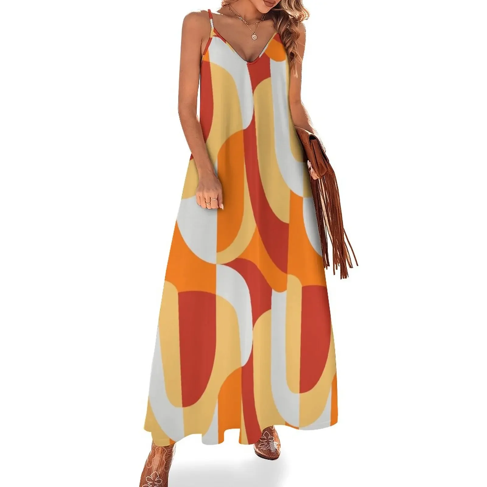 Robe de mariée à motif rétro abstrait orange pour femme, robe de plage ample, 2024