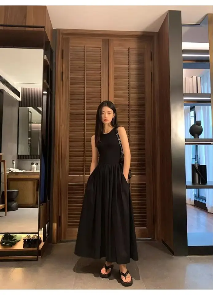 Vestido midi negro estilo vintage para mujer, escote redondo, casual de oficina con bolsillos 5