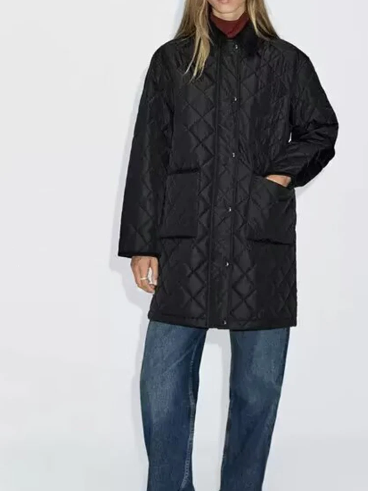 

European and American style autumn new fashion women's simple diamond pattern quilted corduroy collar jacket cotton coat