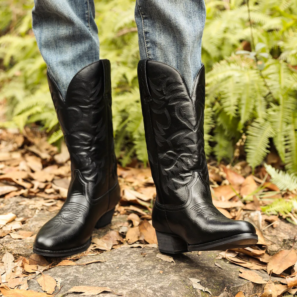 Mężczyźni Boot 2025 Mid Calf Western Cowboy Motorcycle Boots Male Autumn Outdoor PU Leather Totem Med Heel Fashion Designed Men Boots — zdjęcie 5