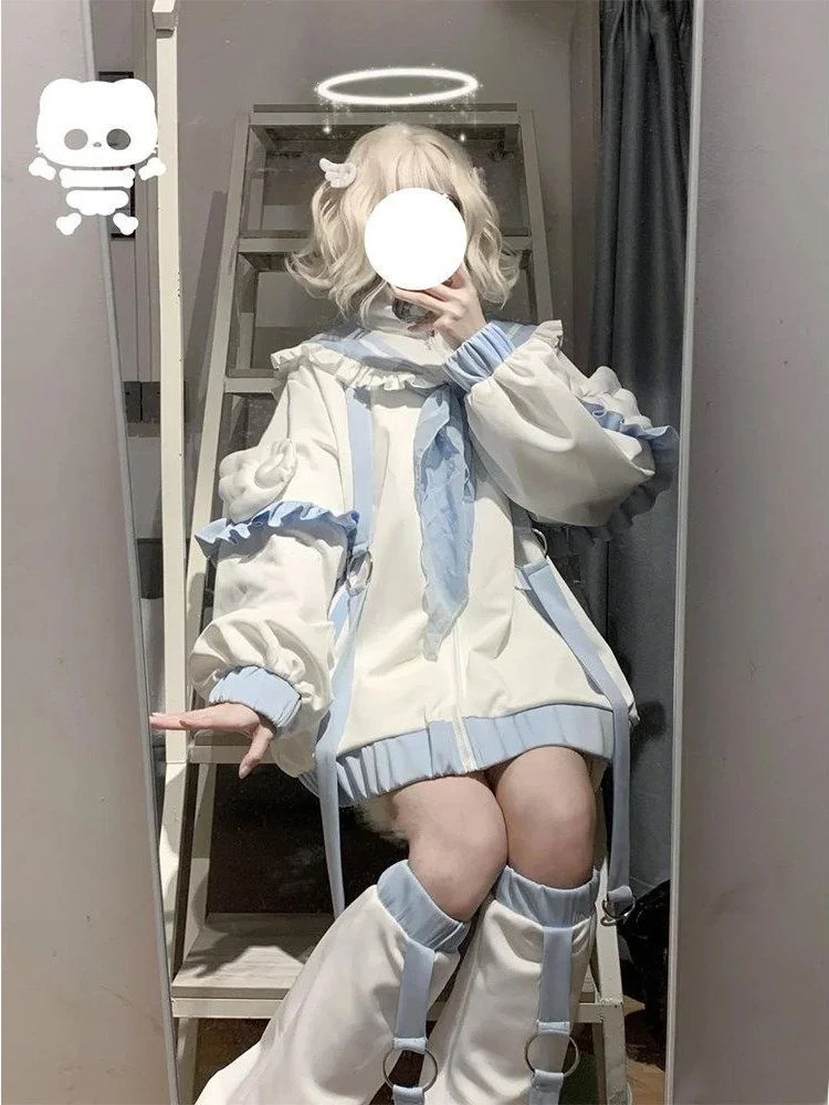 Cute Lolita Sportswear Navy Collar Jacket with Wings Girl's Fashion Polyester Fiber Long Sleeve Zipper Closure Standard Fit