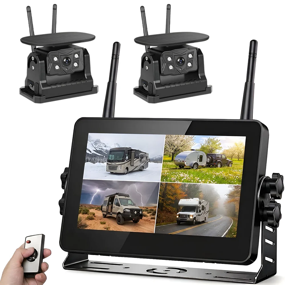 7 Inch HD 4 Channel Solar Wireless Backup DVR System Touch Screen BSD Alarm Rear View Monitor for Semi Truck RV Camper Trailer