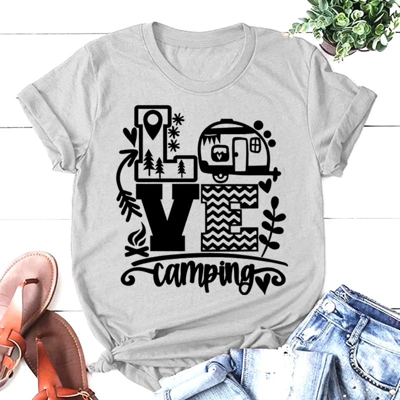 New Fashion Women T-Shirt Love Camping Print Short Sleeve Camper  Summer Casual Tee Round Neck Tops Fashion Y2k Tops Clothes
