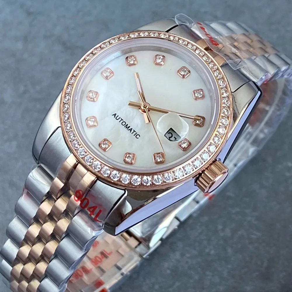 BLIGER Rose Gold 31mm Shell Dial Lady Watches NH05 Automatic Movt Watch Women Diamond Bezel Ring Sapphire Glass Luxury Clock