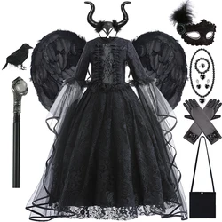 Halloween Witch Dress For Girls Black Evil Queen Cosplay Costume Luxury Lace Ruffles Floor Length Outfits Kids Carnival Frocks