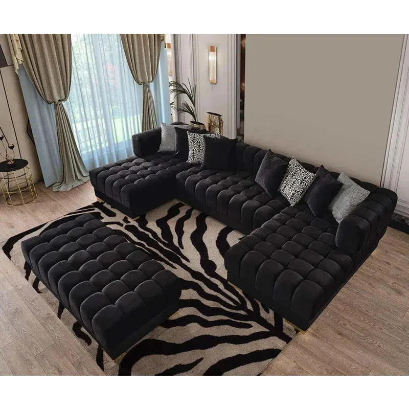 % Elegant Style Velvet Fabric Sectional U-shaped Double Chaise Sofa Set Deep Seat Wide Armrest