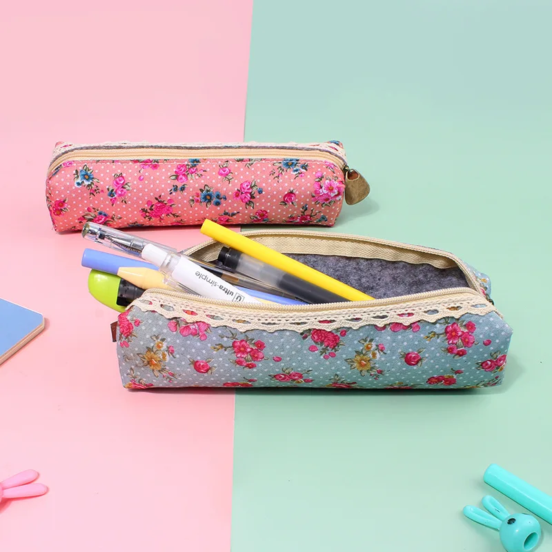 Canvas Pencil Pouch Flower Polka Dot Print Portable Stationery Storage Bag Durable Pen Case For Daily Student School Supplies