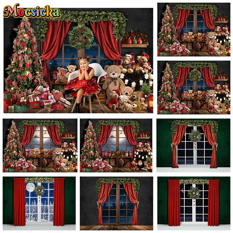 

Mocsicka Photography Background Christmas Tree Teddy Bear Window View Gift Cute Girl Xmas Party Portrait Baby Show Photo Studio