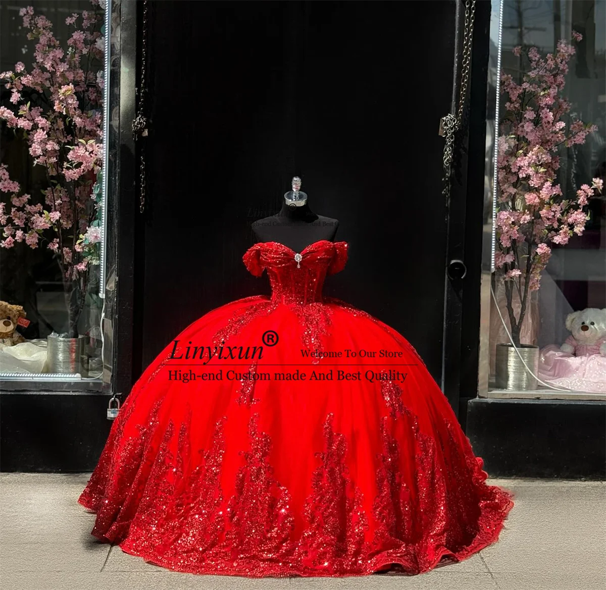 Red Ball Gown Quinceanera Dress Sparkly Lace Applique Sequins Birthday Sweet 16 Gown Princess Mexican Vestidos De 15 XV Años