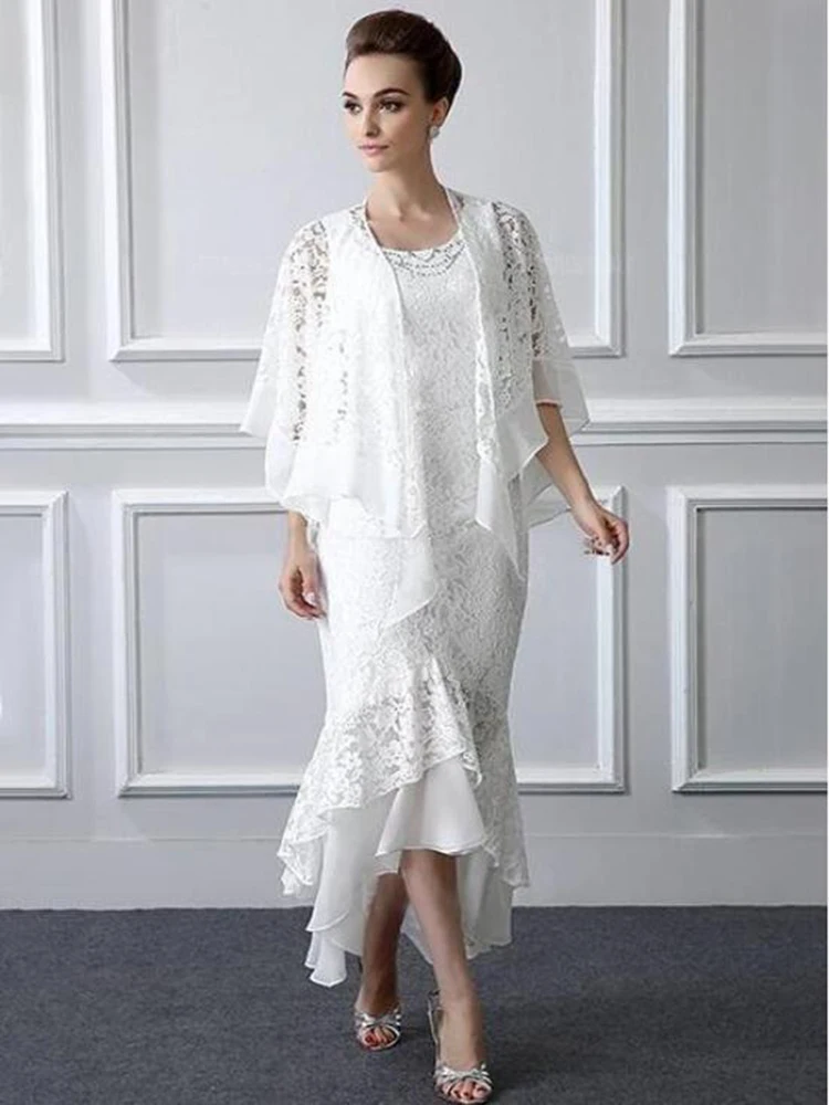 

2020 New Amazing High Low White Lace Mother of the Bride Dresses With Shawl Jewel Neck Mother of Groom Gowns Sleeveless