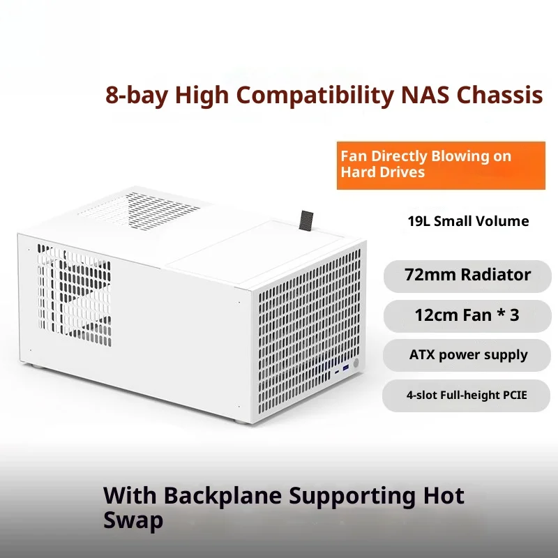 19L Steel Home Server Case, 8-Bay Hot-Swap NAS, Supports MATX/ATX, 8x3.5"+2x2.5" HDD/SSD, Full PCIe & 3x120mm Fans