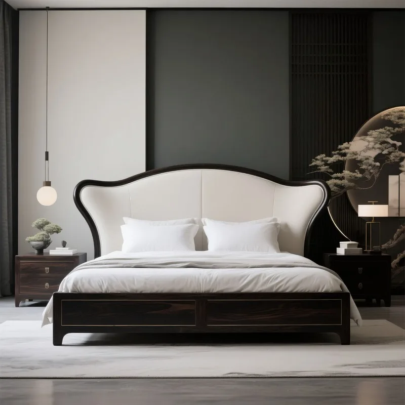 Ebony bed, all solid wood leather soft double bed light luxury bedroom furniture solid wood wedding bed