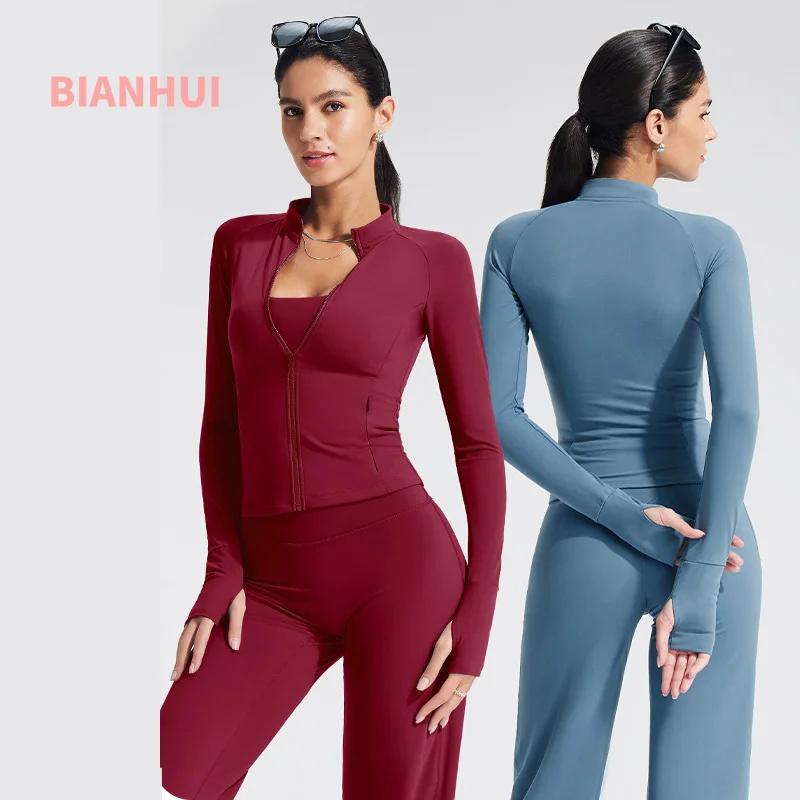 

Stand Collar Long Sleeve Zipper Yoga Jacket Autumn Winter Women's Sports Fitness Cycling Stretch Shaping Tight-Fitting Coat