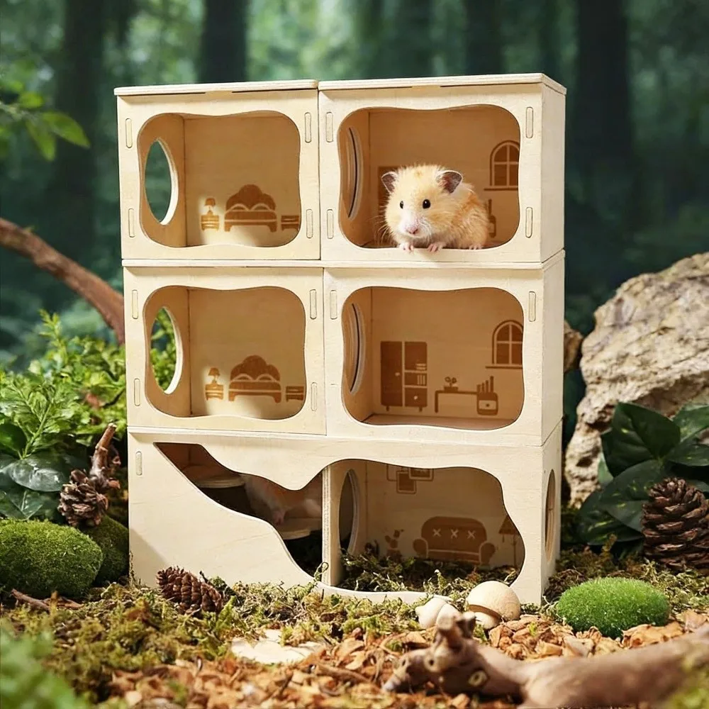 Climbing Structure Wooden Hamster House Chew-Proof Detachable Hamster Villa Stackable Mouse Habitat Pet Cage Landscaping