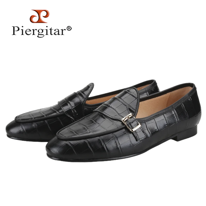 Piergitar 2025 Black Crocodile Cowhide Slip-On Loafers With Gold Buckle British Classic Style Handmade Men's Smoking Slippers