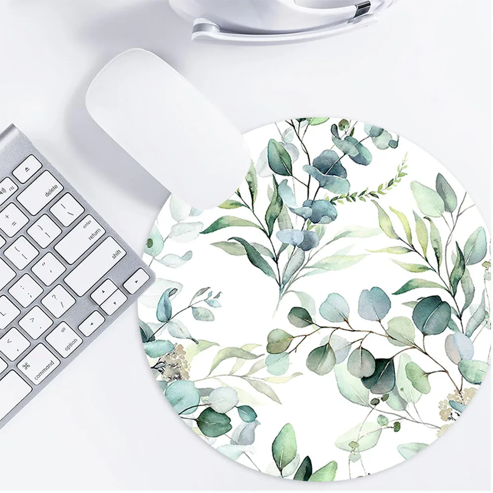 Round Mouse Pad Cute Leaves Design Rubber Mousepad Aesthetic Desk Accessory for Office Laptop Computer Gift for Friend