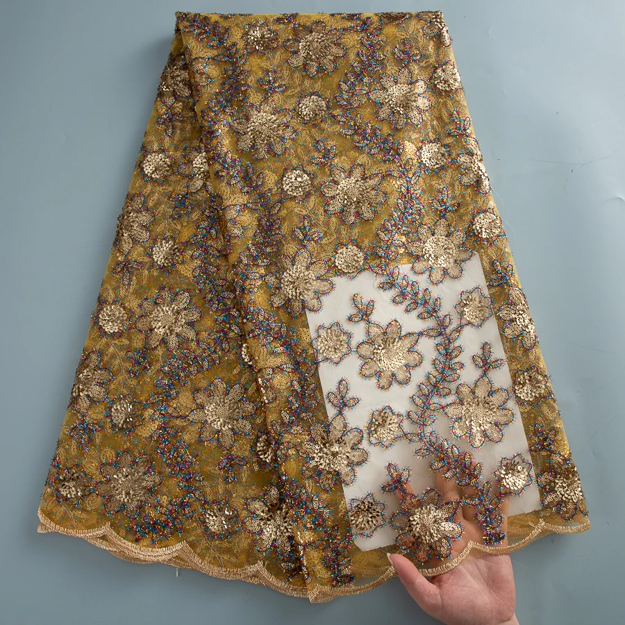 

Dazzling Sequins Embroidered French Lace Fabric | Gold Bridal & Evening Couture Net Lace Fabric | Luxe Custom Textiles S4322