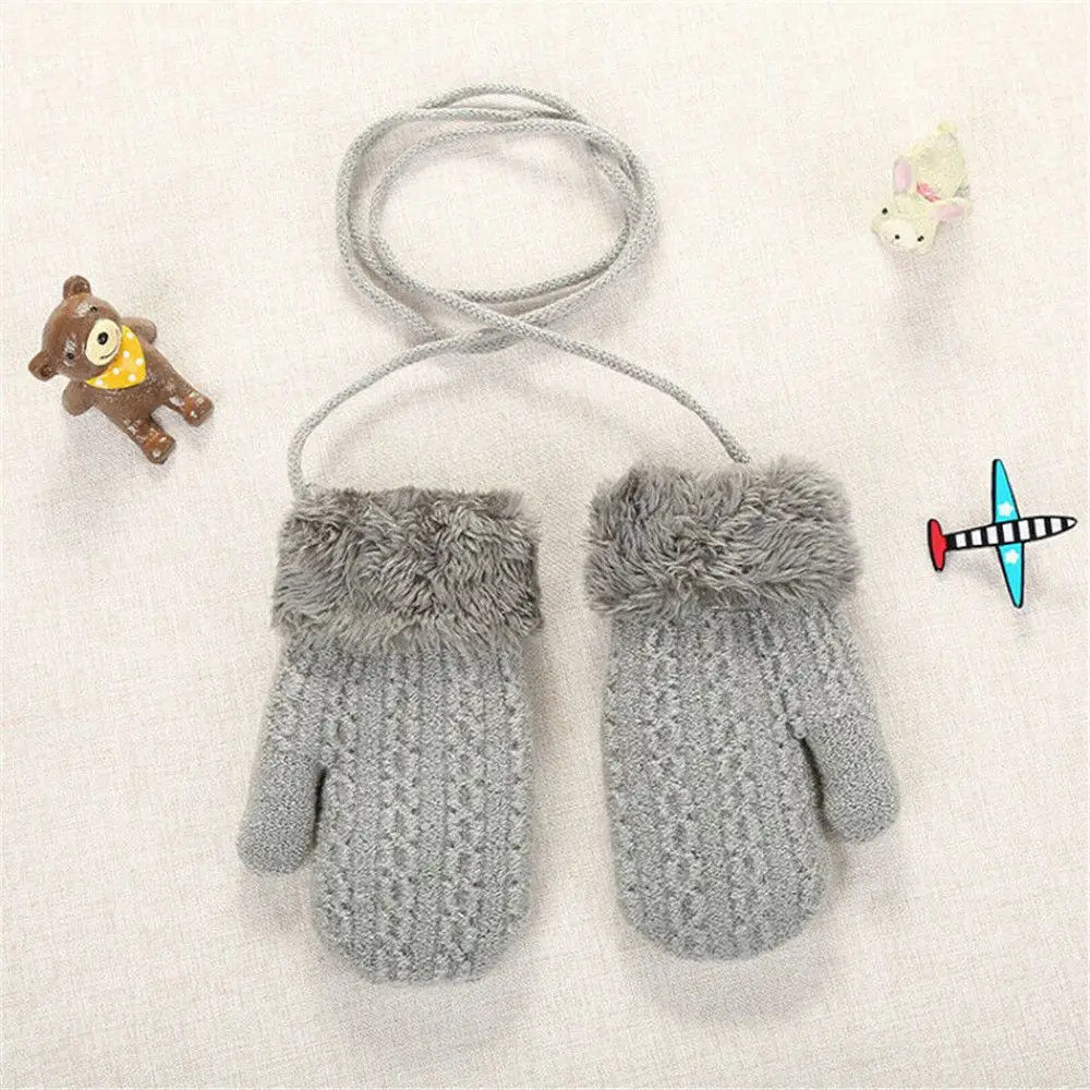 For 1-4 Years Winter Hanging Neck Faux Fur Kids Gloves Thick Warm Cute Cartoon Knitted Mittens