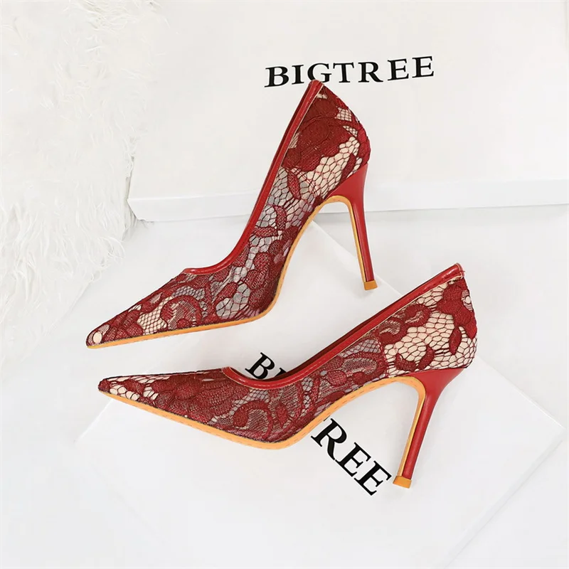 Summer Wine Red Lace Flower Women Pumps Shallow Mouth Mesh Hollow High Heel Party Single Shoes Stilettos Pointed Toe Pumps