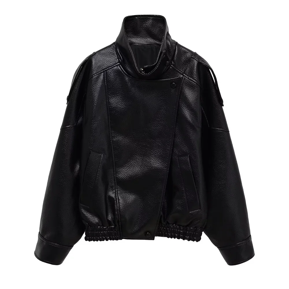 سترة نسائية جديدة غير رسمية متعددة الاستخدامات من الجلد الصناعي بأكمام طويلة وياقة واقفة بلون سادة وفضفاضة