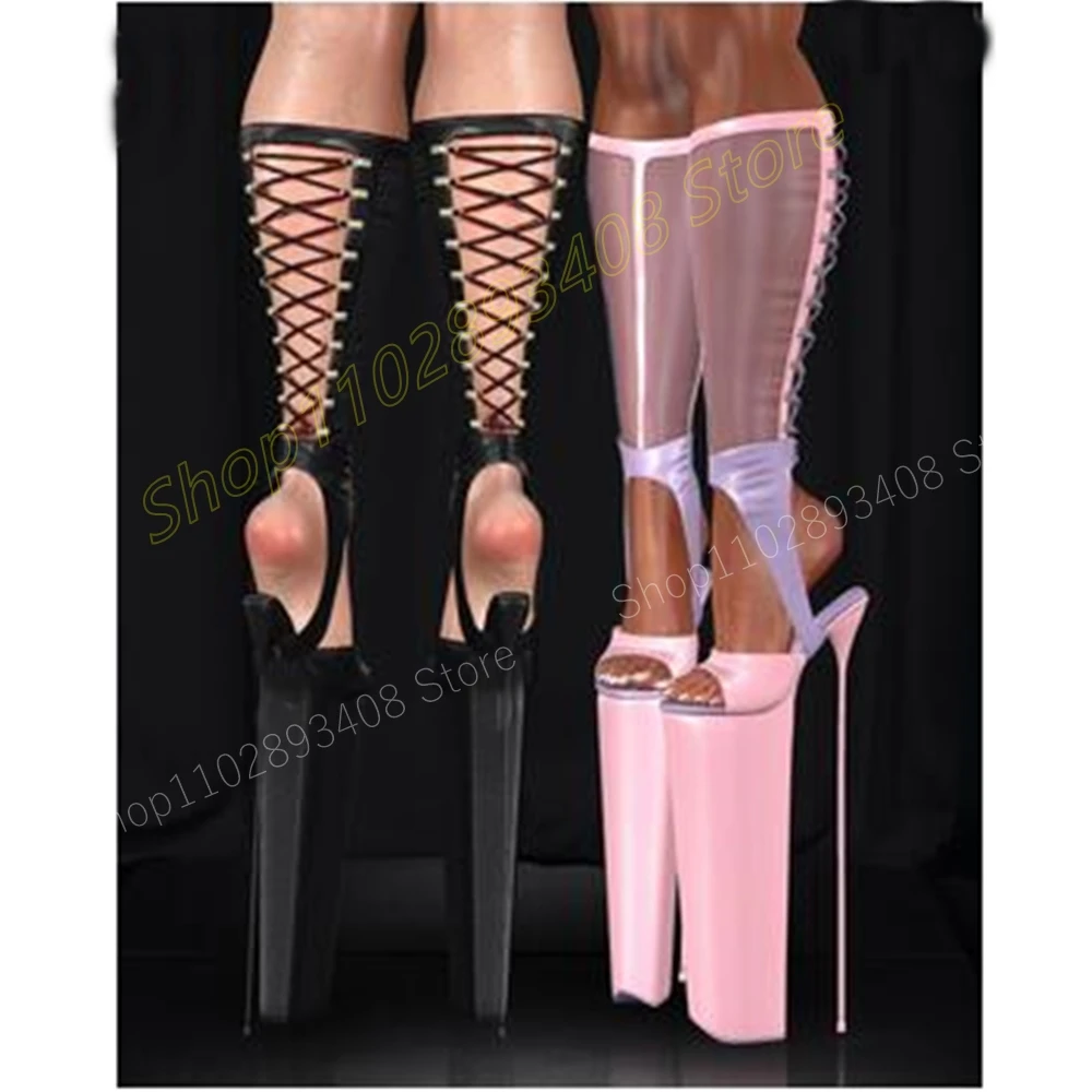 Mutilcolor Super Platform Cross Tied Mid Calf Boots Extreme Stiletto High Heel Fashion Sexy Women Shoes 2024 Zapatos Para Mujere