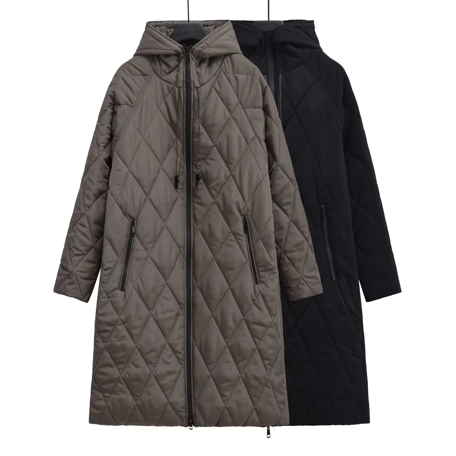 

Autumn Winter New Women Retro Loose Diamond Pattern Drawstring Hooded Long Cotton-padded Coat Female Warm Thick Coats