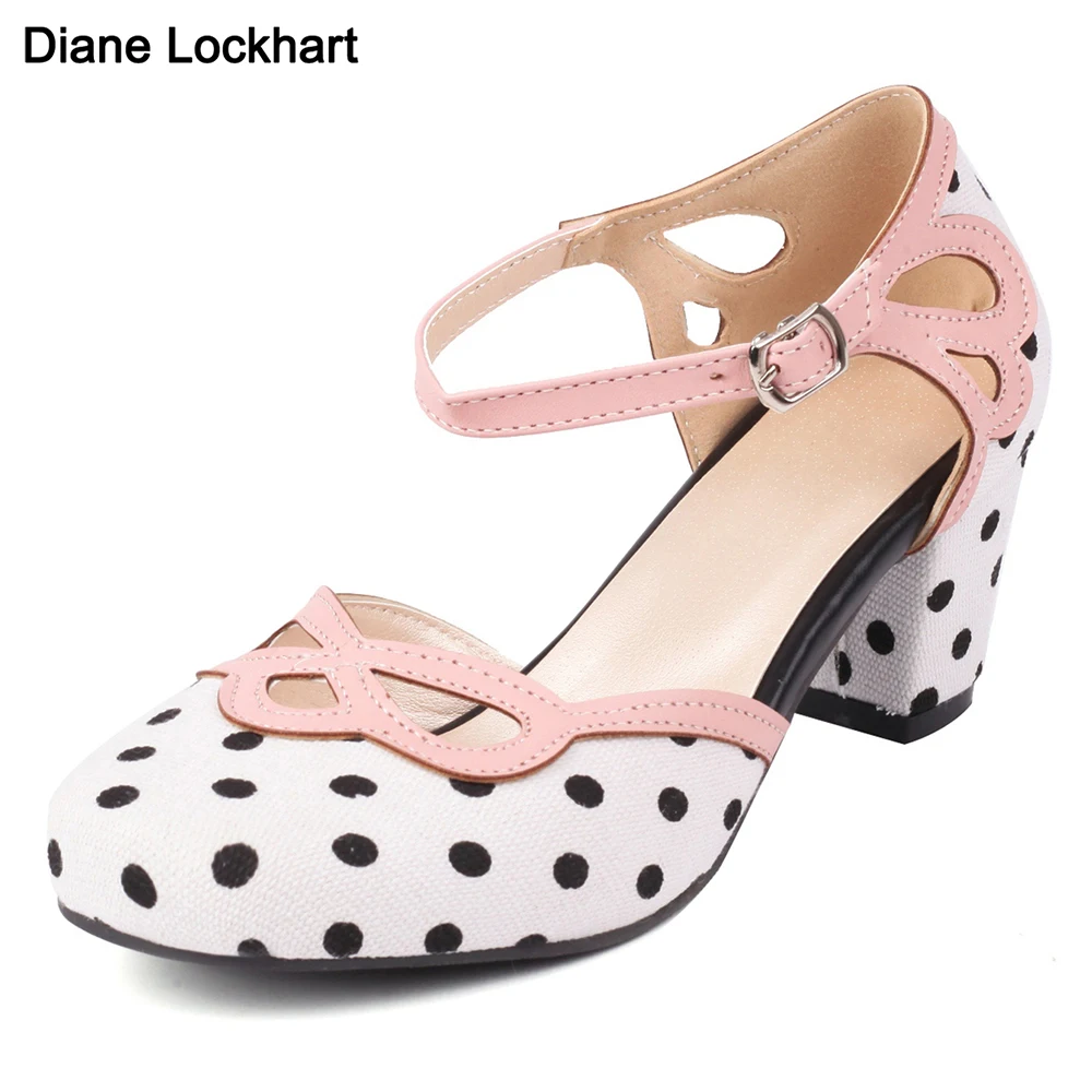 Summer Women 6cm Square Block Heels Round Toe Stripe Pumps Casual Dress Office Lady Polka dot  Sandals Ankle Strap Hollow Shoes