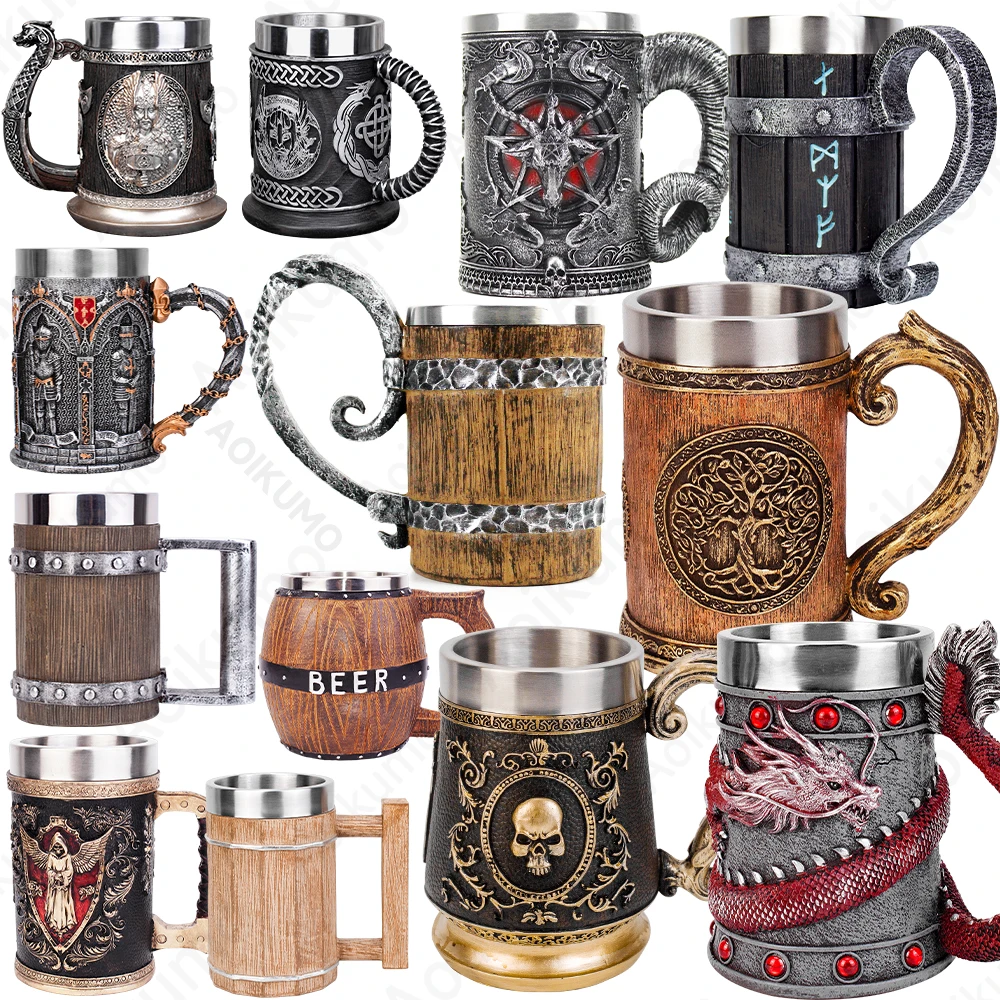 600ML Cup Universal Danegeld Tankard Mug Viking Unique design Mugs Stainless Steel Insert Resin Beer Cup party Halloween gift