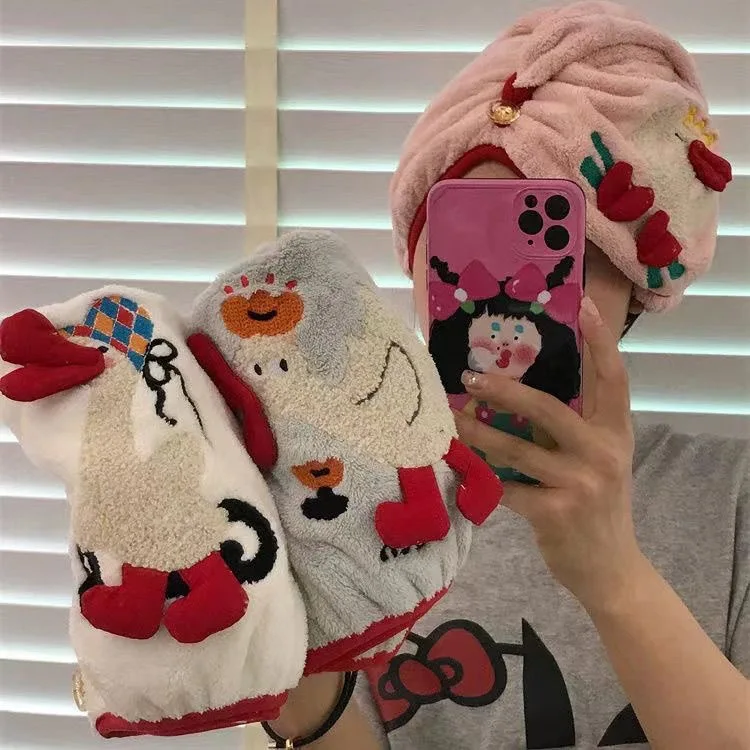 Cute Cartoon Duck Embroidered Thick Coral Fleece Hair Drying Cap Super Absorbent Quick Dry Hair Wrap for Student Dorm