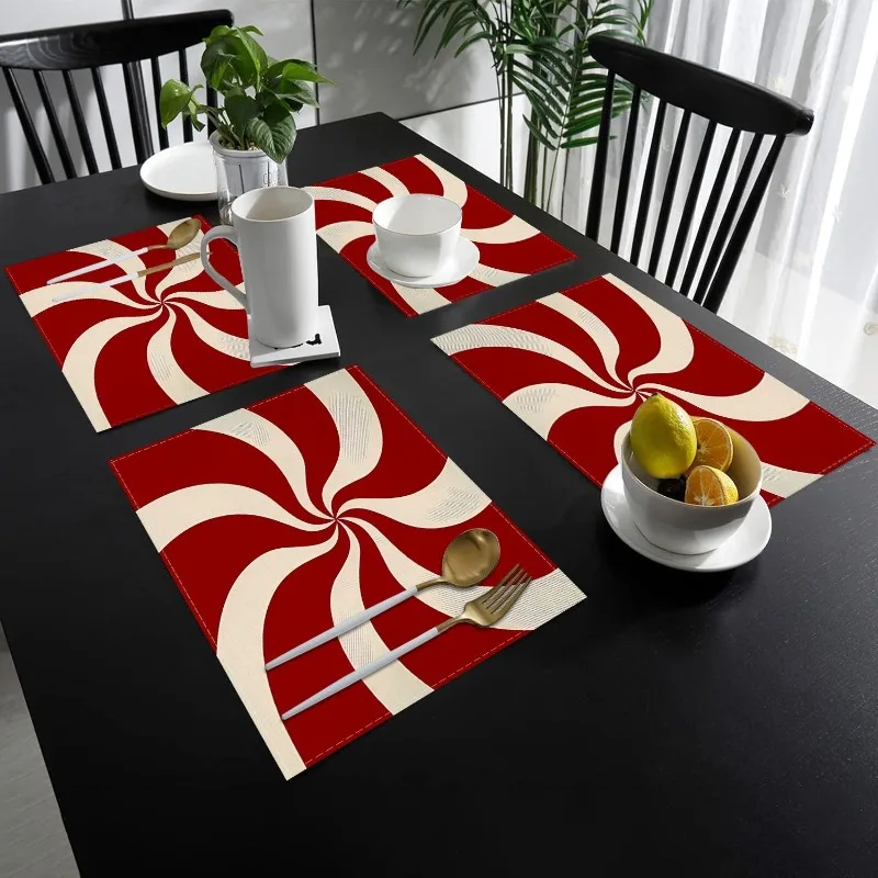 1/4/6/8/12pcs Christmas Swirl Placemats Set of Durable Polyester Red White Table Mats Festive Dining for Home Parties Decorate