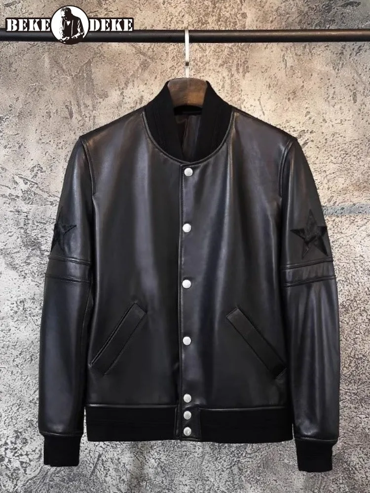 

Дизайнерская мужская куртка из натуральной кожи высокого качества с воротником-стойкой, модная куртка-бомбер, однобортная весенняя верхняя одежда из овчины