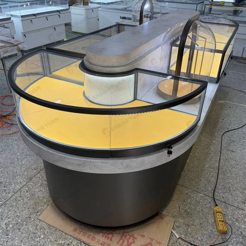 custom.Custom Curved Island Jewelry Store Display Showcase Semi-Circular Glass Gems Presentation Counter Retail Boutique