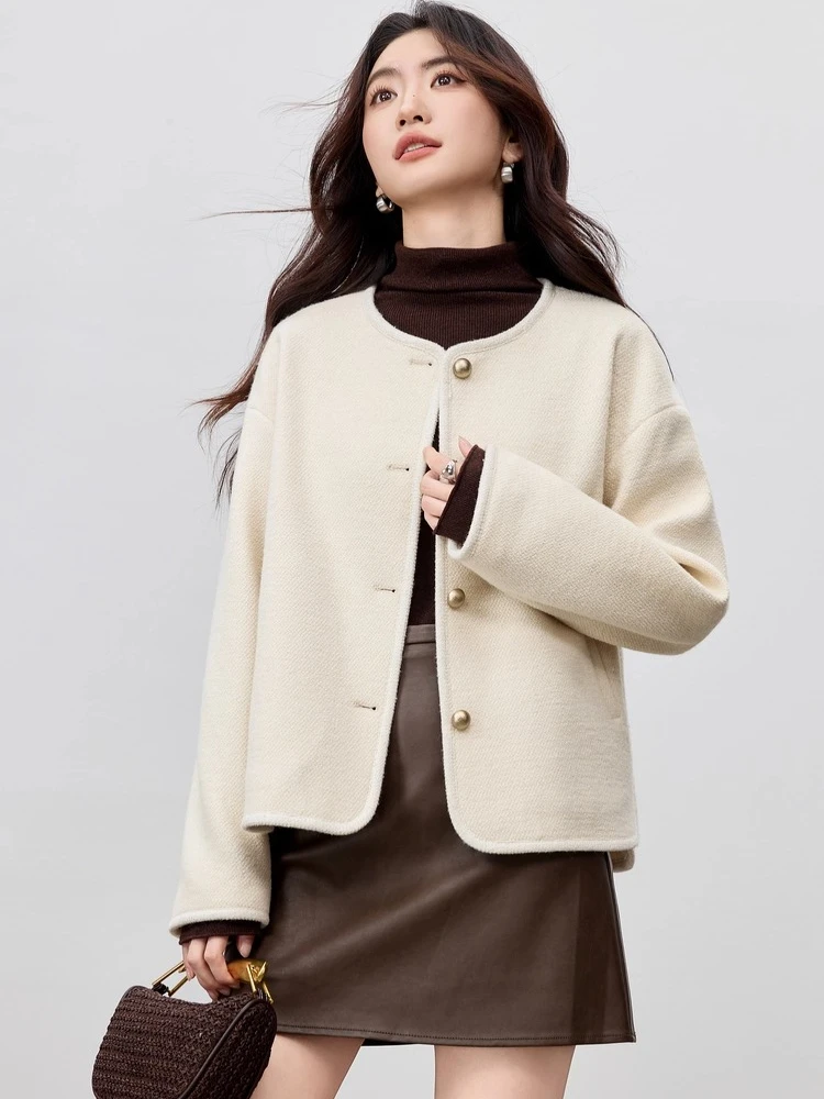 

SNETUBILA Women's Woolen Coat Solid O-neck Double-sided Wool Jackets 2025 Winter Casual Fashion Pocket Loose Outerwear 154D80380
