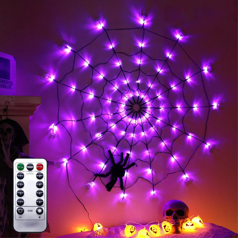 Halloween Decoration 70LED Spider Mesh String Lights Outdoor Waterproof Remote 8 Modes Horror Net Lamp for All Saints' Day Party