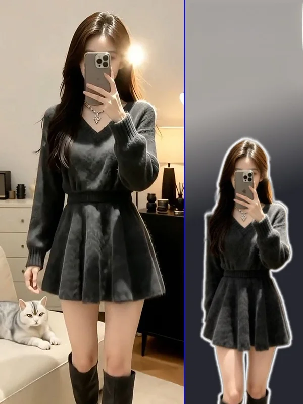 

plus Size Knitted ort Sve V-Ne Sweater And Skirt Set Spring Faionable Korean Sle Women's Regular Fit Winter C...