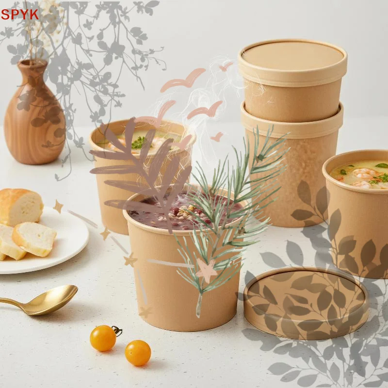 Paper Soup Container Disposable Kraft Food Cups Storage: 10Pcs Lids Microwavable Freezer Safe