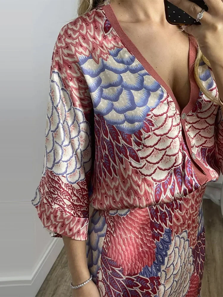 Conjunto de falda estampada para mujer, camisas de media manga con cuello en V y una botonadura, faldas de cintura holgada, traje de fiesta para mujer de verano