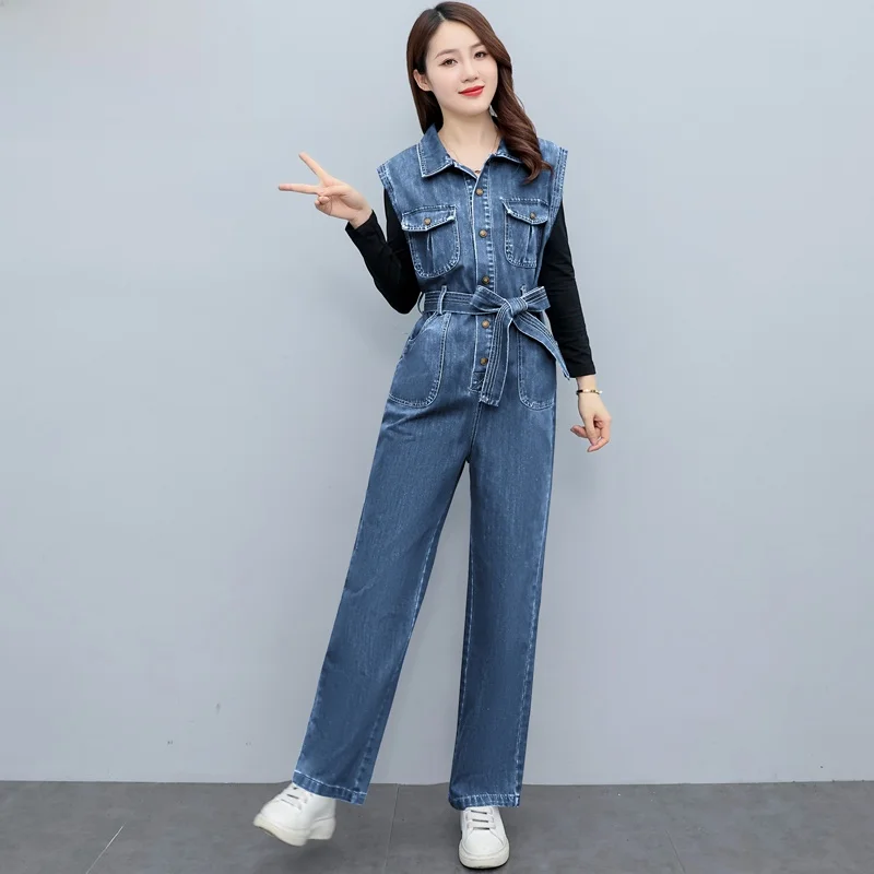 

Ретро-комбинезон в гонконгском стиле, свободный прямой крой, джинсовый, женский, весенняя новинка, повседневные брюки с высокой талией, из полиэфирного волокна, с деталями из ткани.