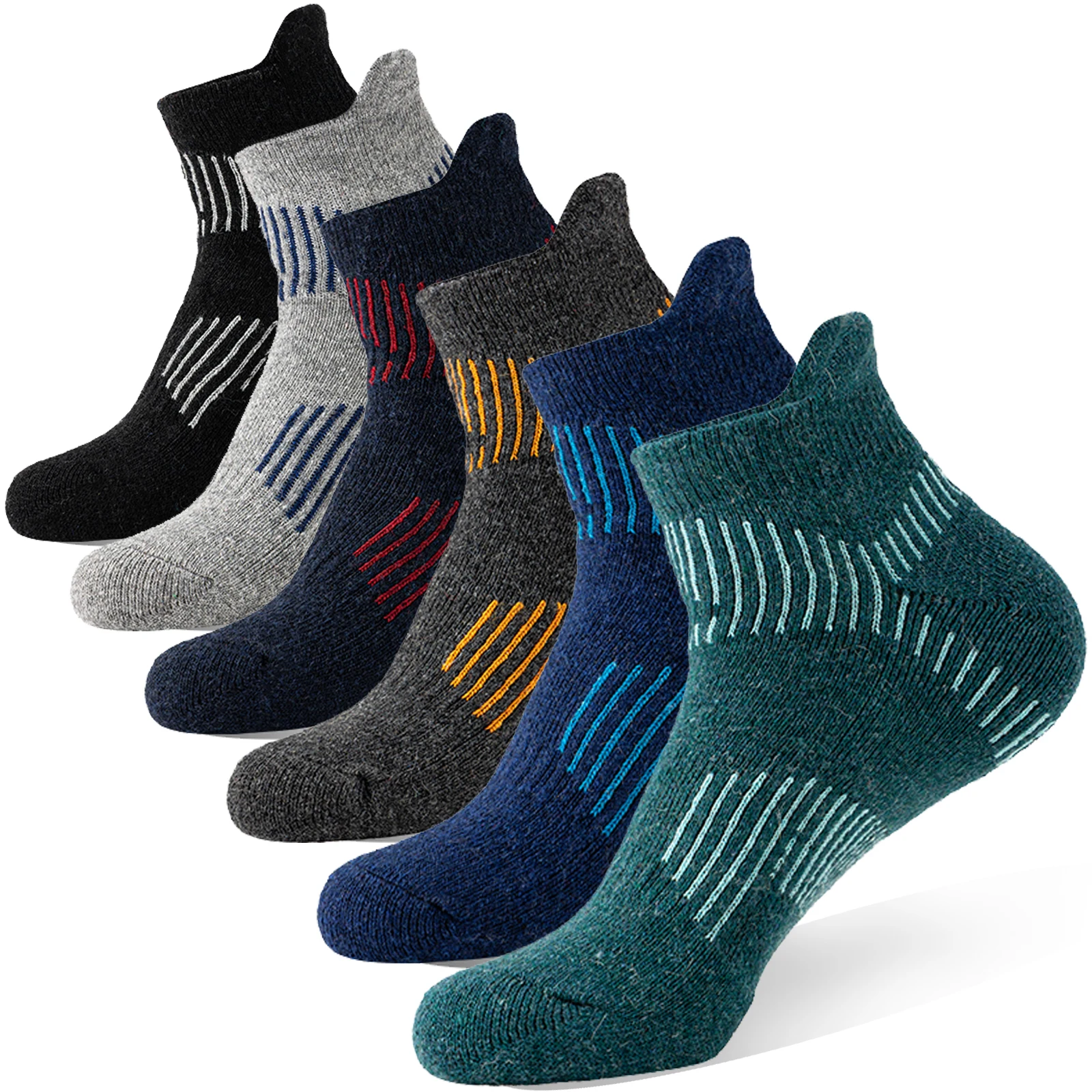 6 Paar Merino-Woll-Knöchelsocken zum Wandern und Laufen, Kompressionssocken mit Dicker Polsterung, Atmungsaktive Unsichtbare Socken für Männer und Frauen