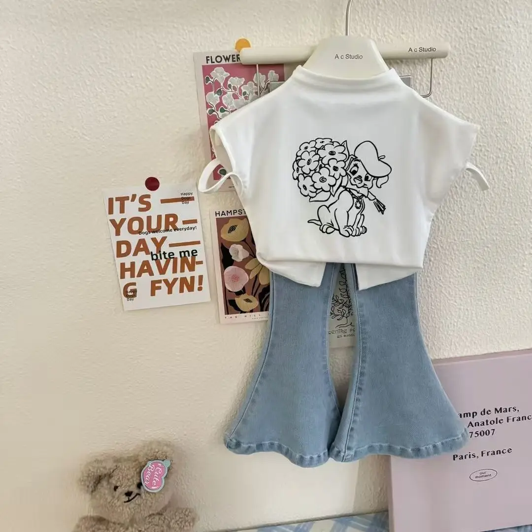 

Girls' Summer Western Style Set 2026 New Style Cartoon Short Sleeve Children's Cowboy Bell-bottom Pants Two Piece Set Trendy